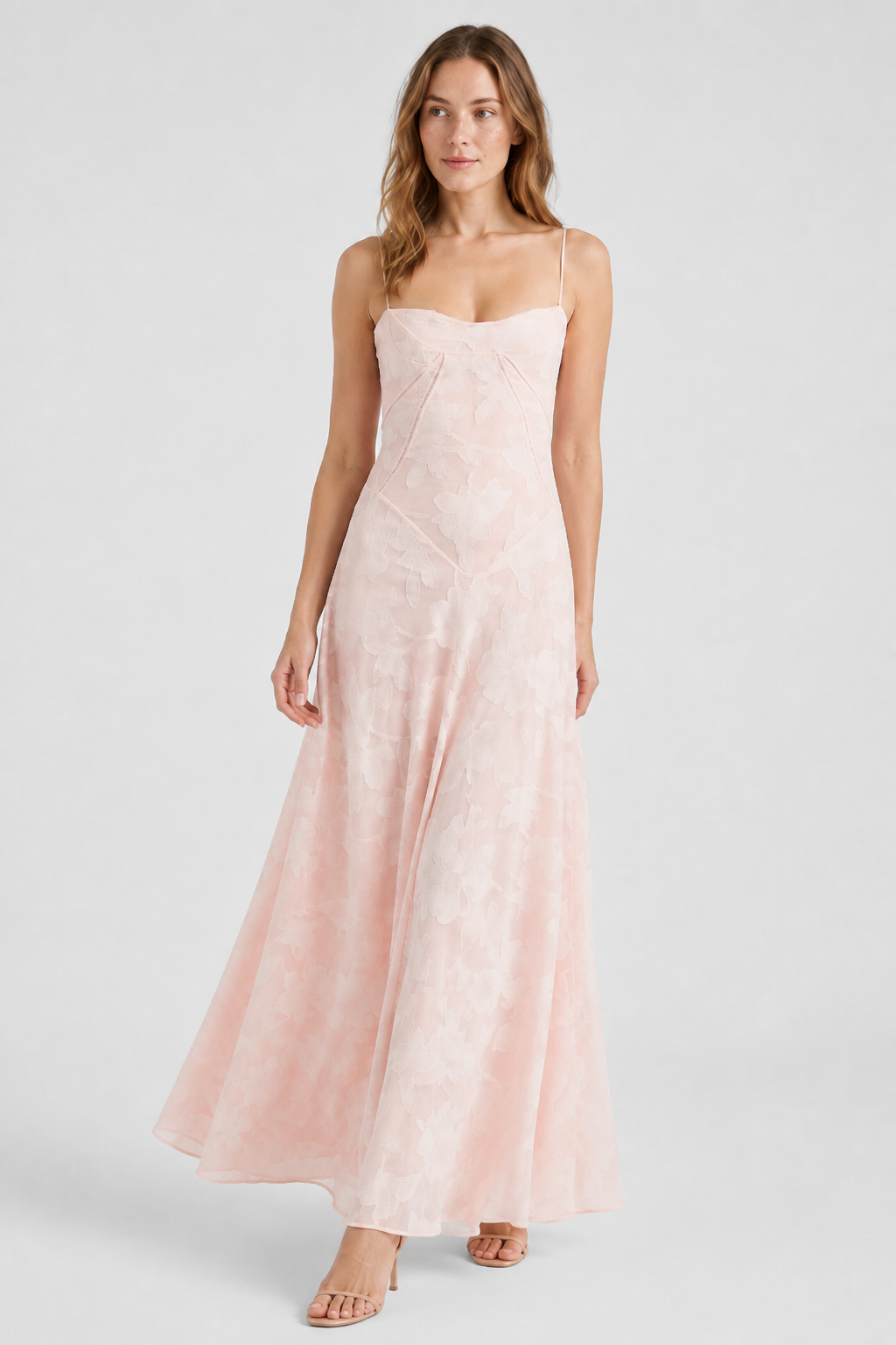 NOMU | Women's Mesh Maxi Dress – Spaghetti Strap Floral Overlay Fitted Design