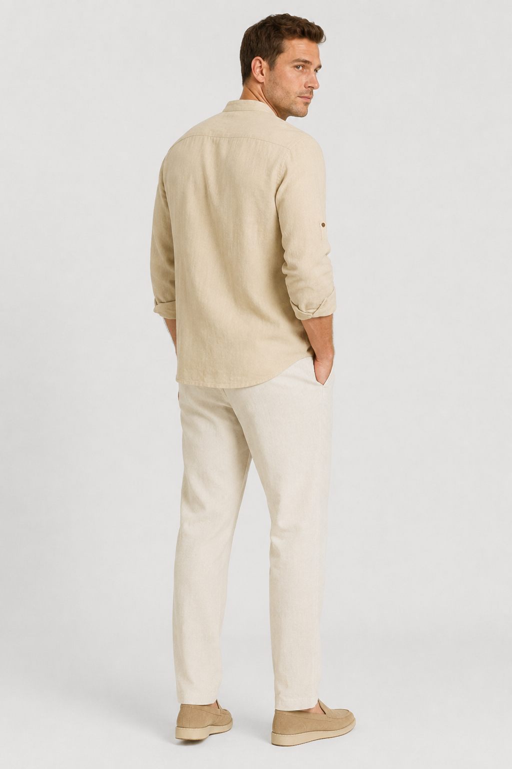 NOMU | Men's Linen Blend Shirt – Long Sleeve Mandarin Collar Button Design
