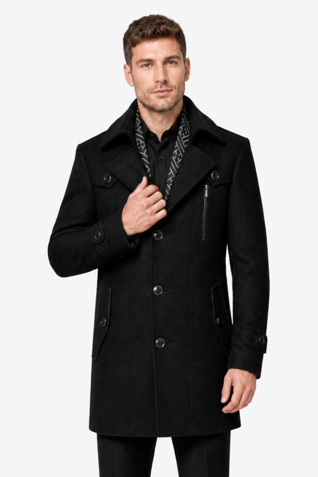 NOMU | Men's Wool Blend Military Overcoat – Tailored Button Front Coat