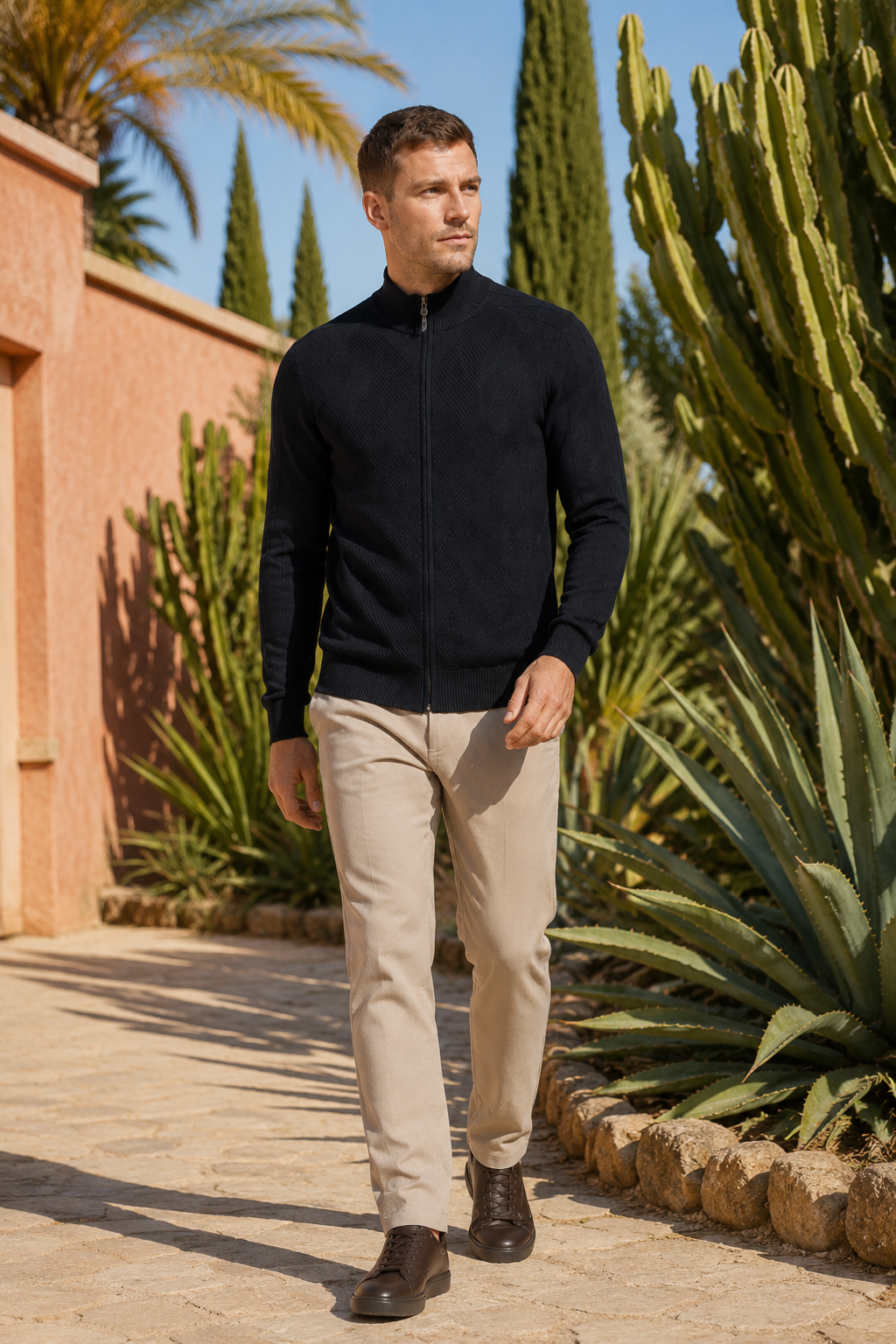 NOMU | Men's Zip-Up Knit Sweater Jacket – Textured Stand Collar Cardigan