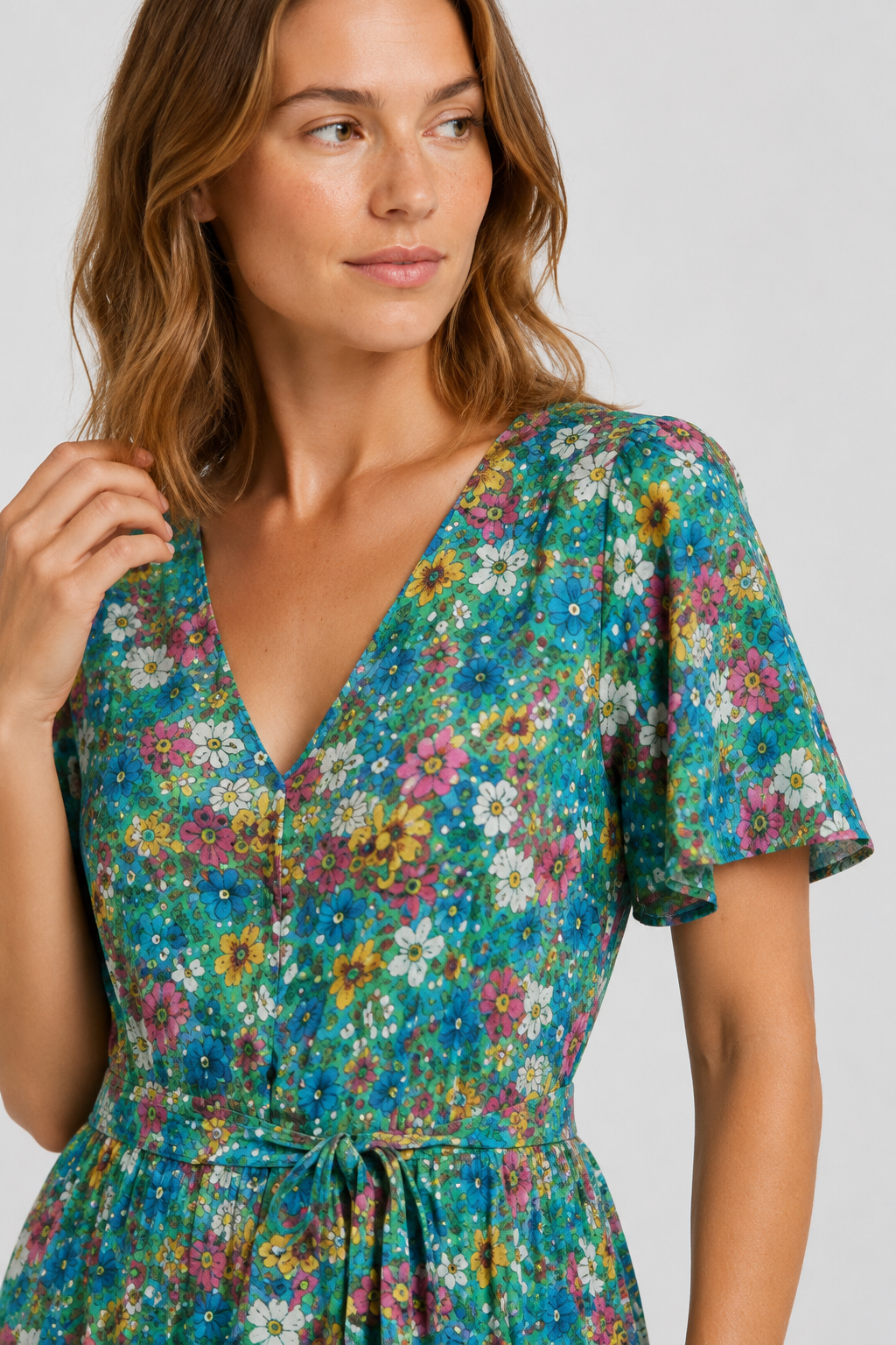 NOMU | Women's Floral Midi Dress – V Neck Short Sleeve Tie Waist Design