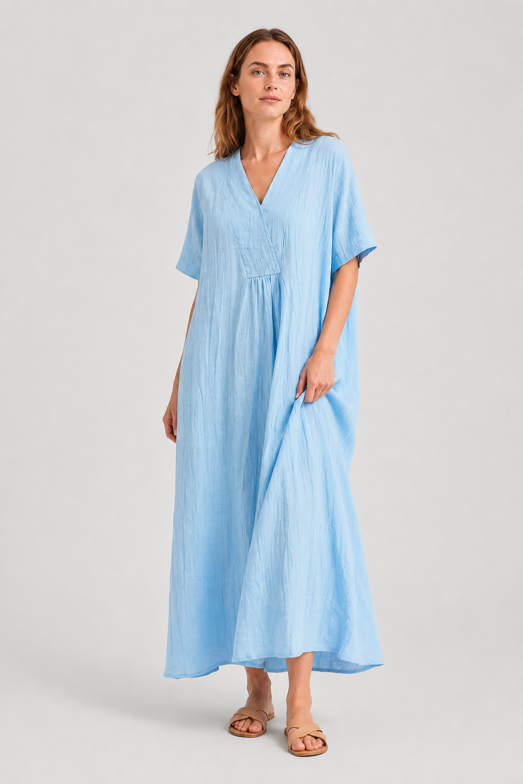 NOMU | Women's Casual Linen Dress – V-Neck Short Sleeve Loose Fit