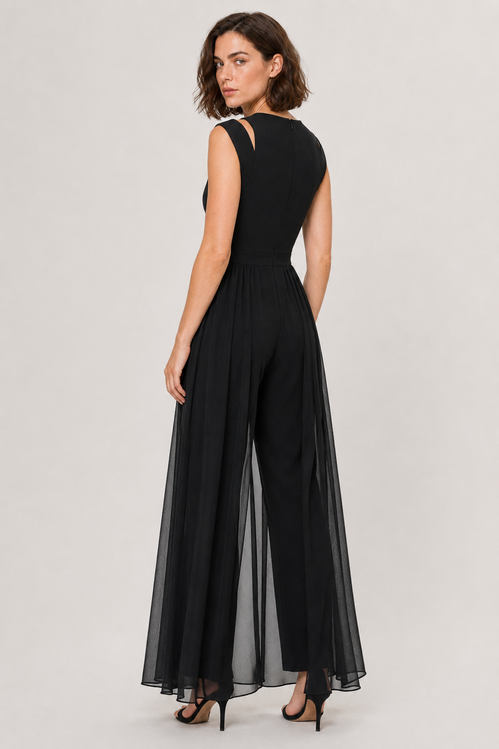 NOMU | Women's Sleeveless Wide Leg Jumpsuit – Elegant Sheer Overlay Evening Jumpsuit