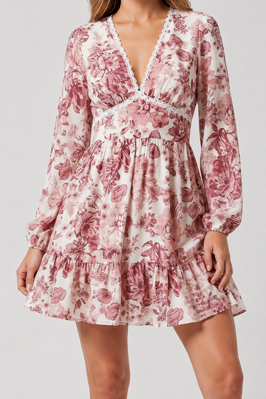 NOMU | Women's Floral Mini Dress – V Neck Long Sleeve Ruffle Hem Design