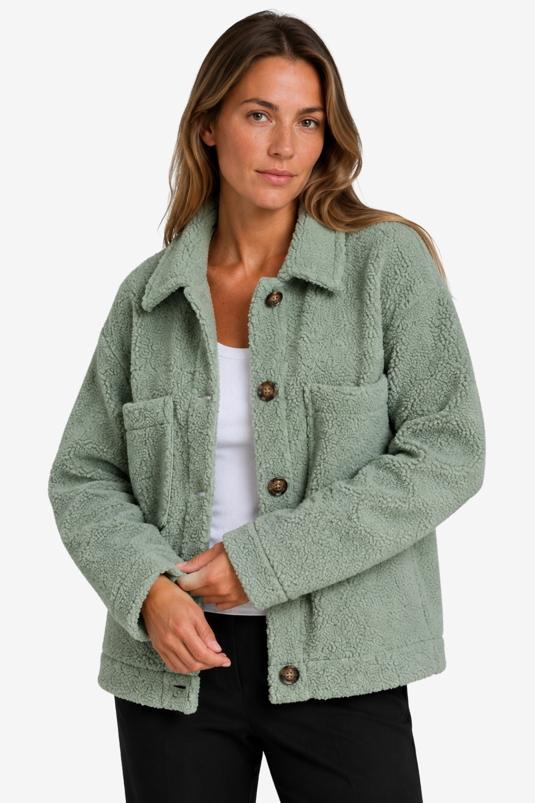 NOMU | Women's Straight Cut Mid Season Coat – Textured Fleece with Button Front and Patch Pockets