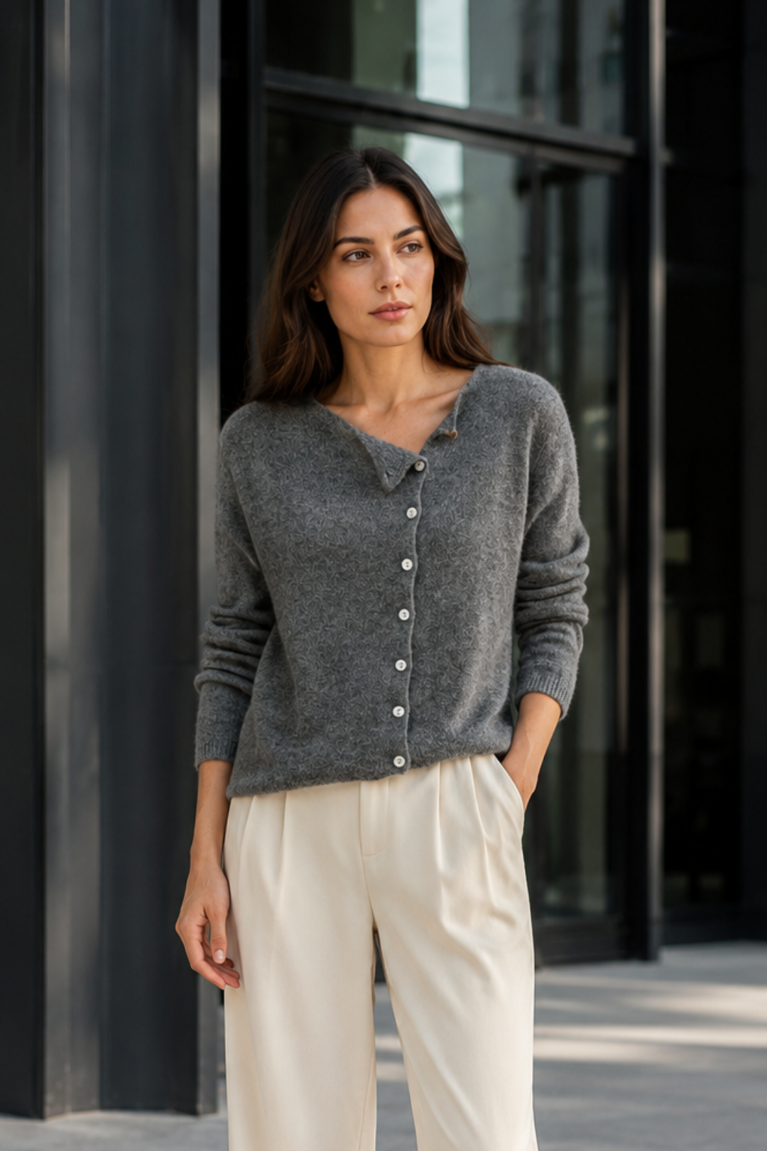 NOMU | Women's Button Front Cardigan – Asymmetric Neckline Relaxed Knit Design