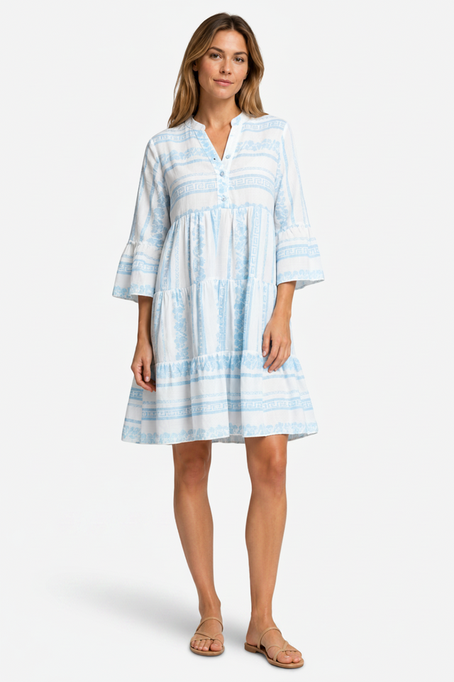 NOMU | Women's Printed Mini Dress – V Neck Button Front Tiered Loose Fit Design