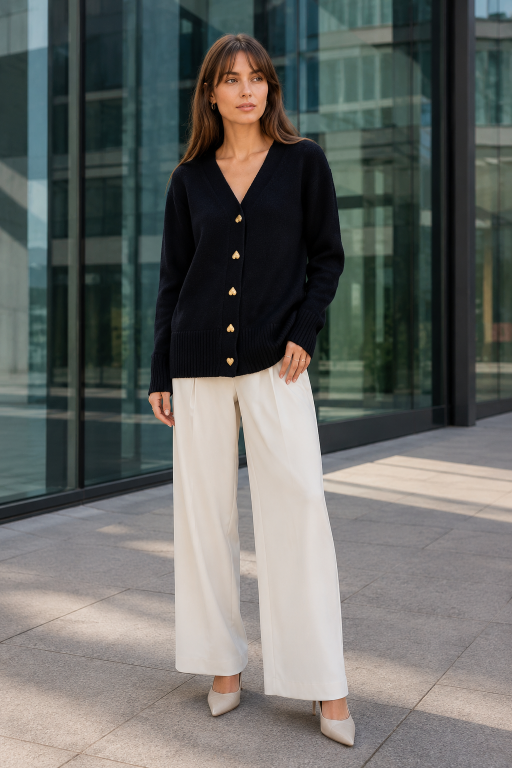 NOMU | Women's V-Neck Knit Cardigan – Heart Button Front Relaxed Design