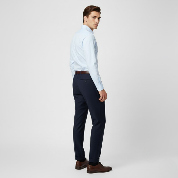 NOMU | Men's Navy Pleated Tapered Dress Trousers – Tailored Formal Pants
