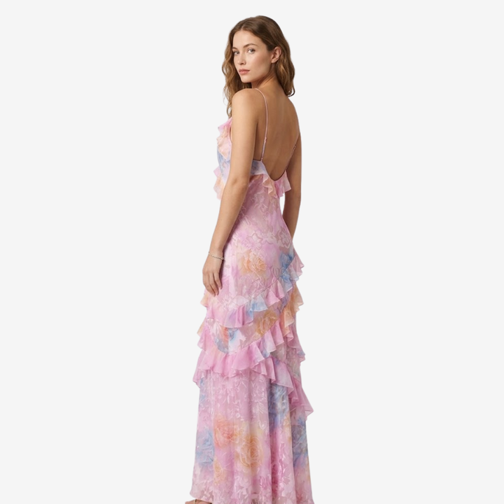 NOMU | Women's Floral Ruffle Maxi Dress – Elegant Sleeveless Layered Party Dress