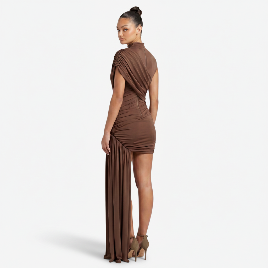 NOMU | Women's Asymmetrical Mini Dress – High Neck Sleeveless Draped Design