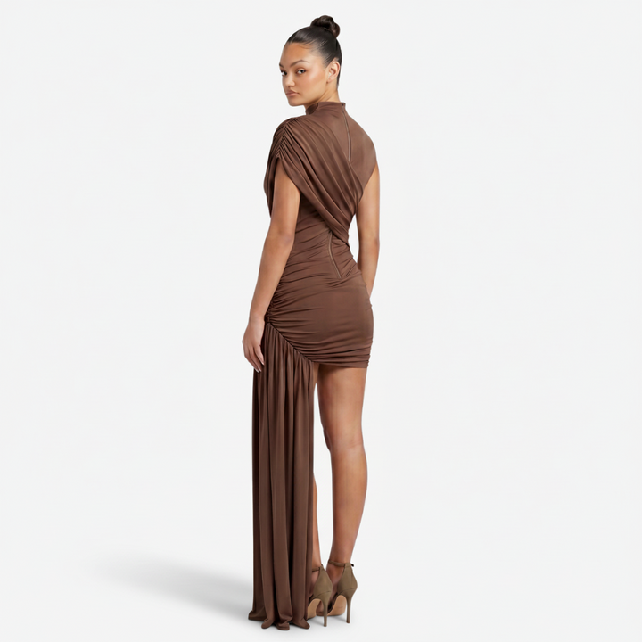 NOMU | Women's Asymmetrical Mini Dress – High Neck Sleeveless Draped Design