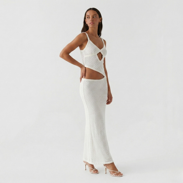 NOMU | Women's Cut-Out Maxi Dress – Sleeveless Crisscross Knit Bodycon Design