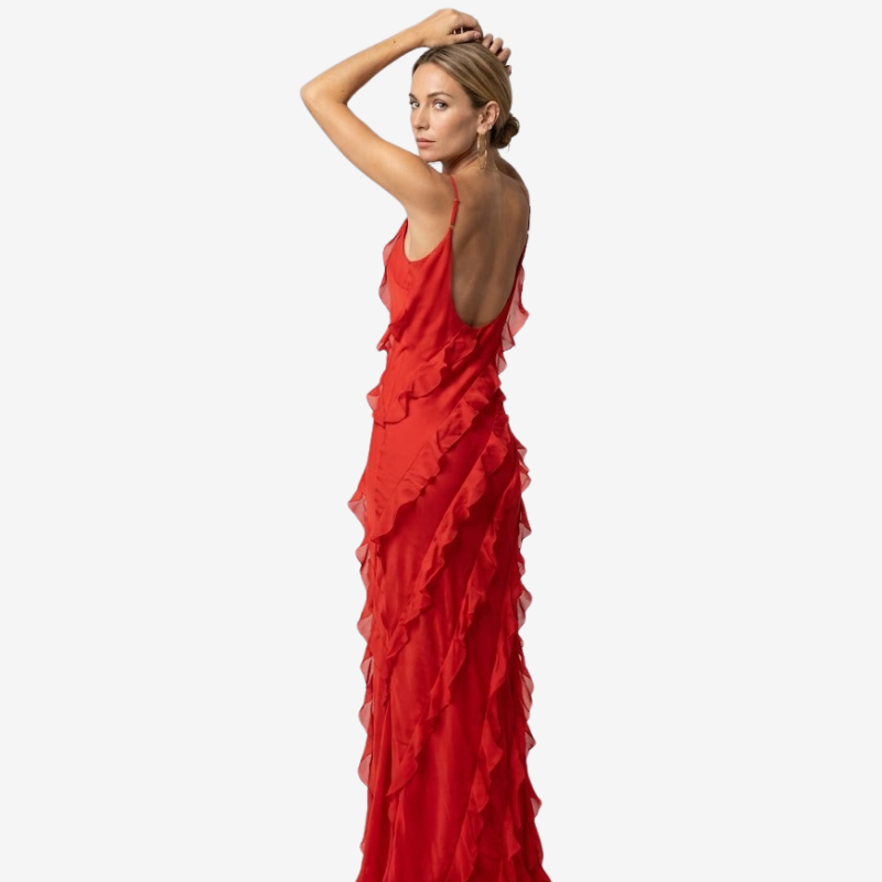 NOMU | Women's Sheer Ruffle Maxi Dress – Elegant Spaghetti Strap Evening Party Dress