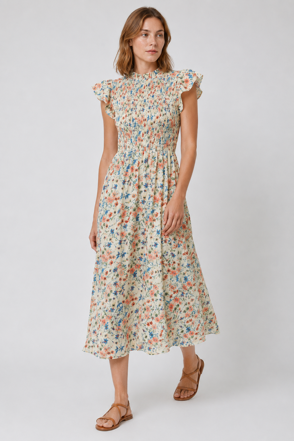 NOMU | Women's Floral Midi Dress – High Neck Flutter Sleeve Smocked Waist Design