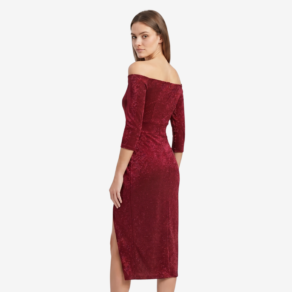 NOMU | Women's Off Shoulder Midi Dress – Long Sleeve Side Slit Fitted Design