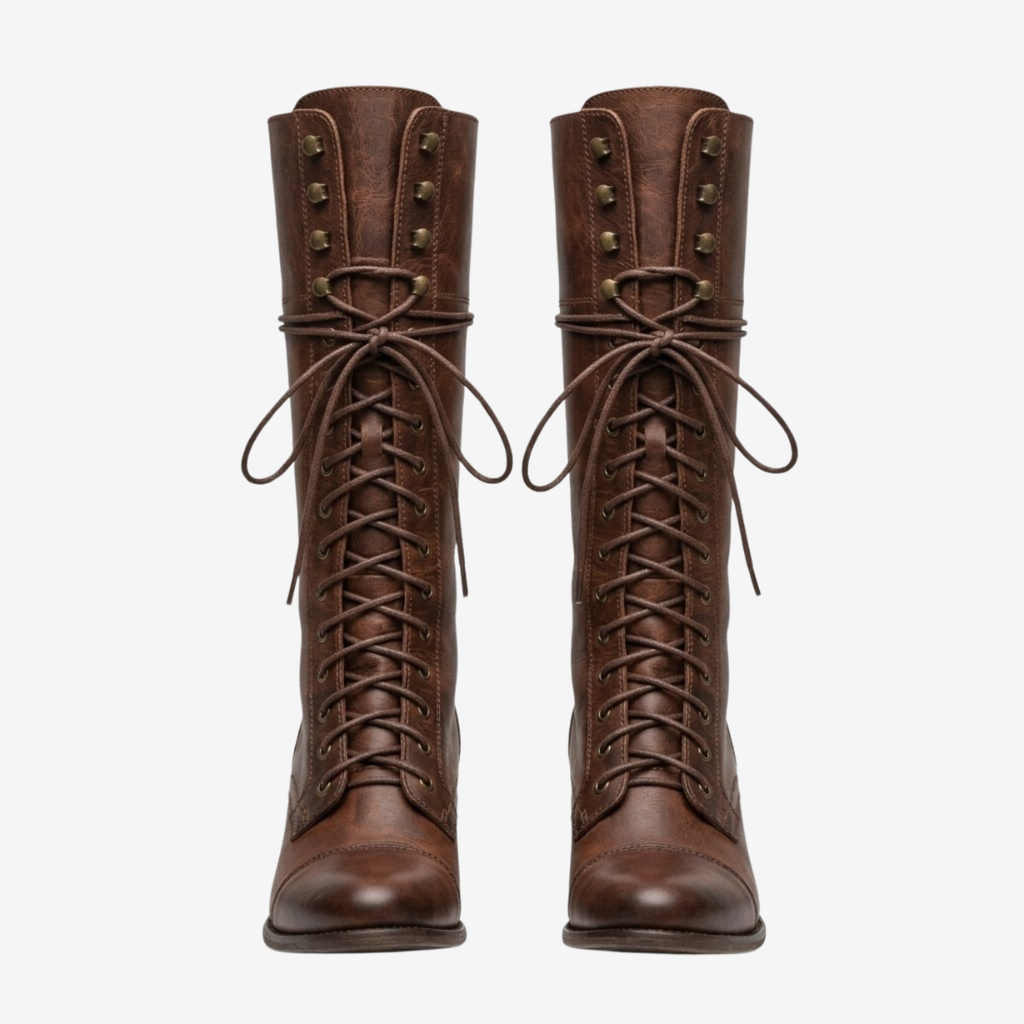NOMU | Women's Vintage Lace-Up Knee-High Boots – Classic Block Heel Riding Boots