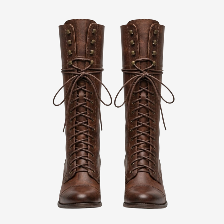 NOMU | Women's Vintage Lace-Up Knee-High Boots – Classic Block Heel Riding Boots