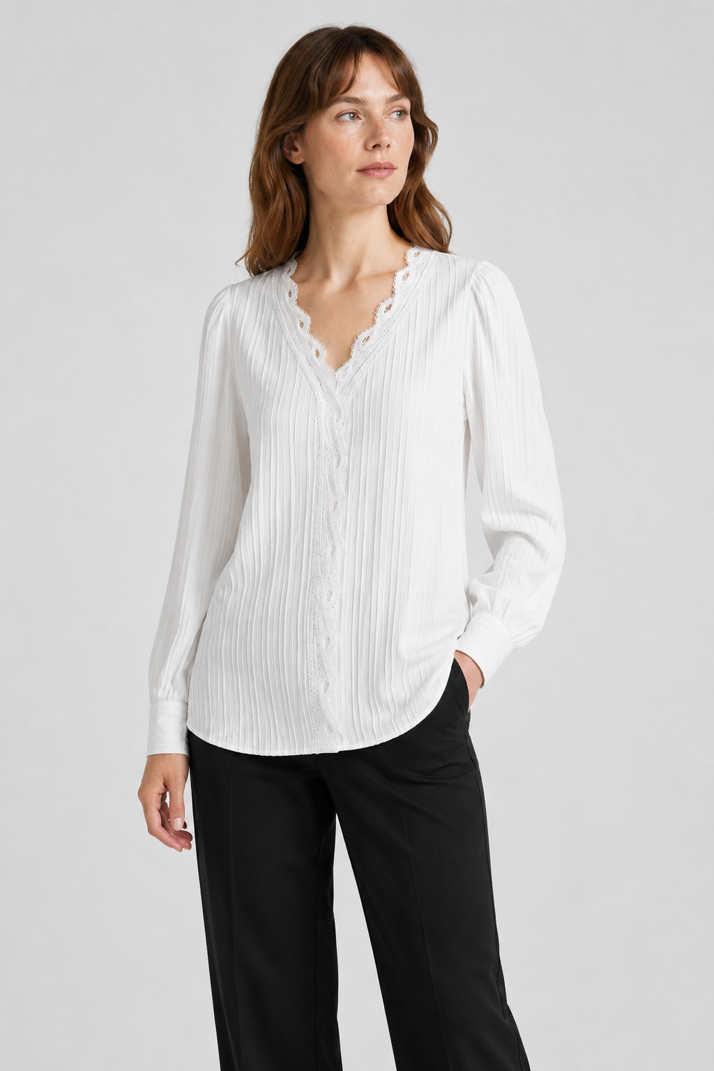NOMU | Women's Lace Trim Pleated Blouse – Elegant V-Neck Long Sleeve Top