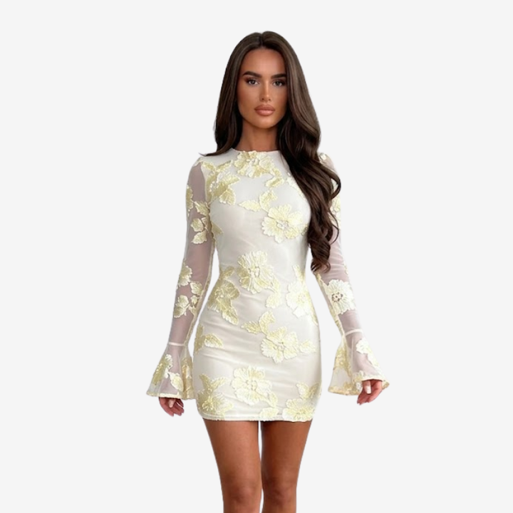 NOMU | Women's Floral Mesh Mini Dress – Elegant Long Sleeve Bodycon Party Dress