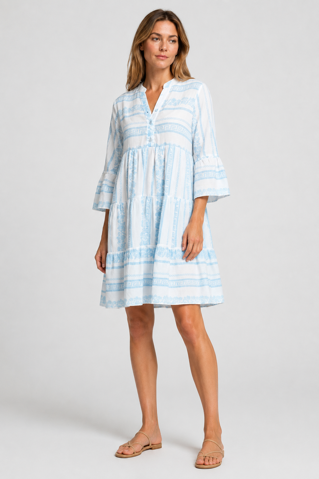 NOMU | Women's Printed Mini Dress – V Neck Button Front Tiered Loose Fit Design