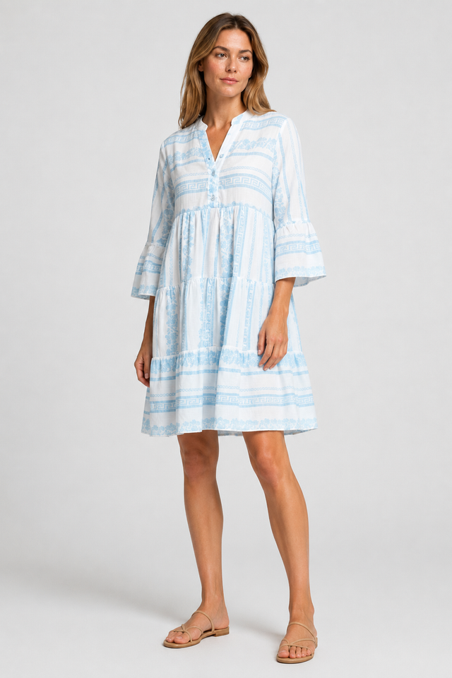 NOMU | Women's Printed Mini Dress – V Neck Button Front Tiered Loose Fit Design