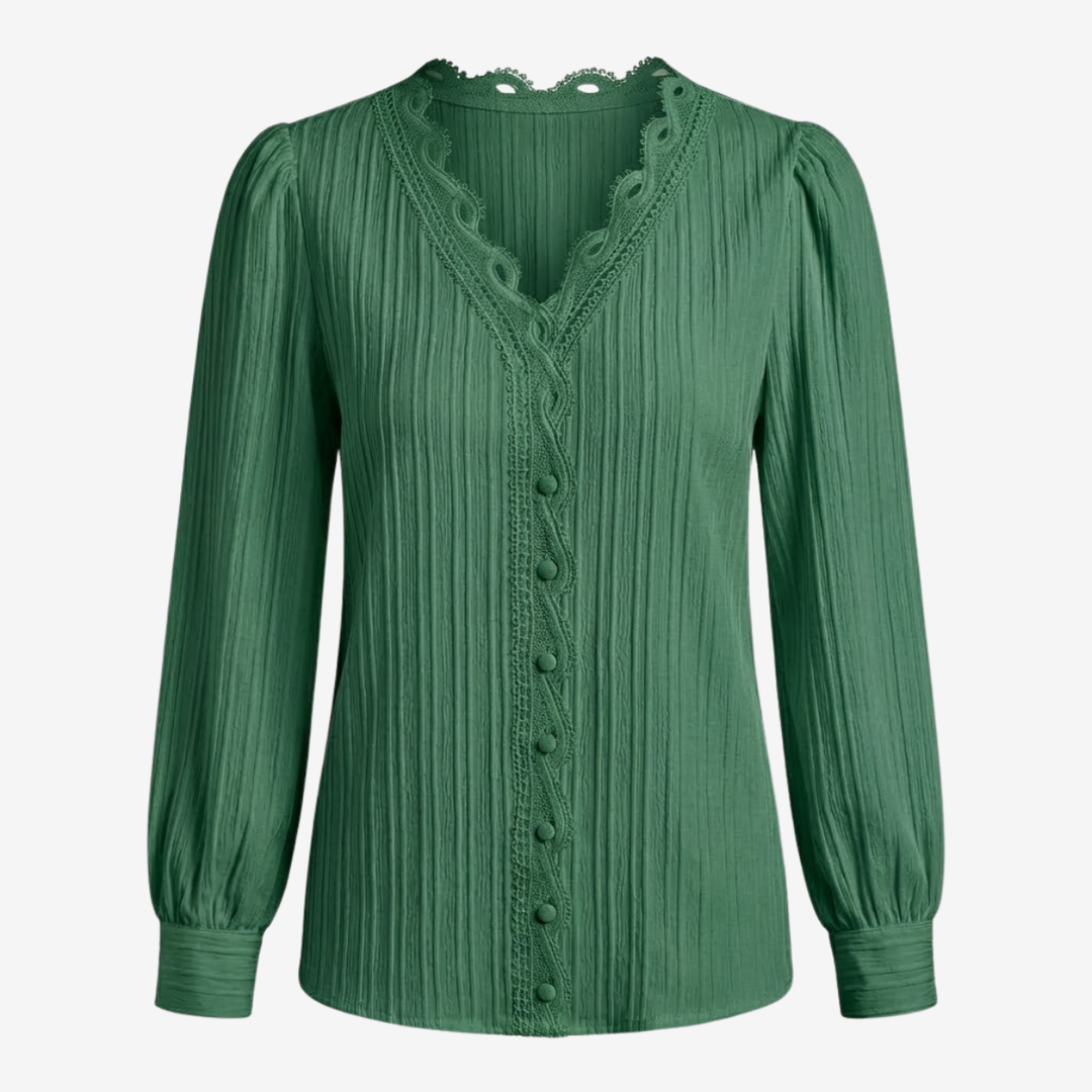 NOMU | Women's Lace Trim Pleated Blouse – Elegant V-Neck Long Sleeve Top