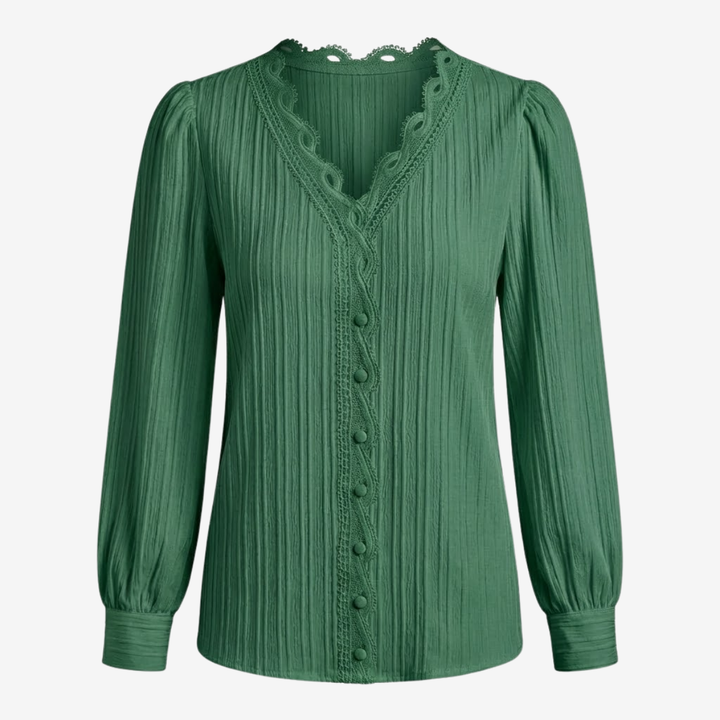 NOMU | Women's Lace Trim Pleated Blouse – Elegant V-Neck Long Sleeve Top