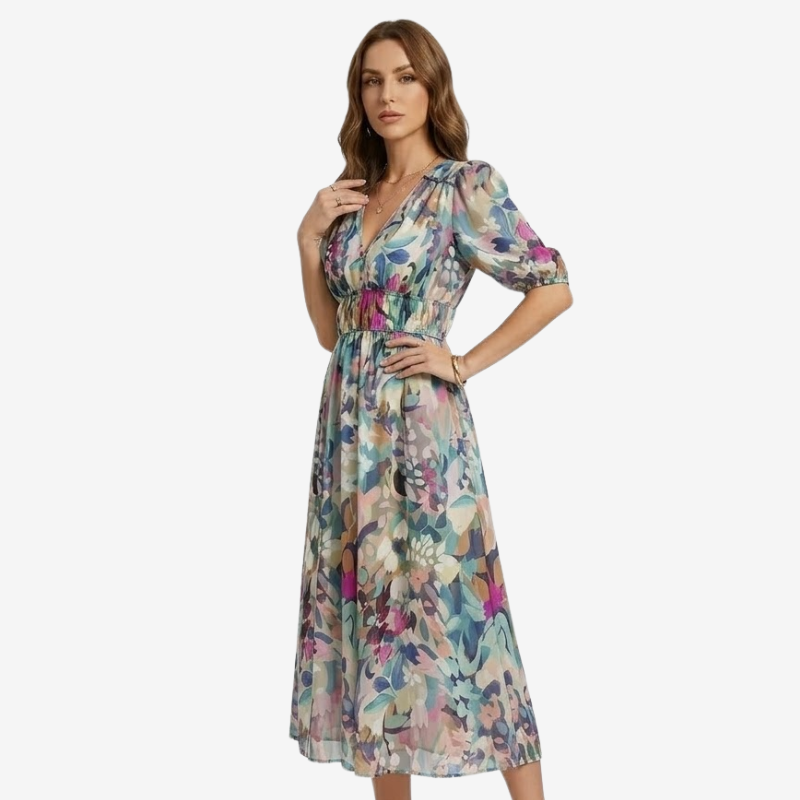 NOMU | Women's Floral V-Neck Midi Dress – Elegant Puff Sleeve Flowing Dress