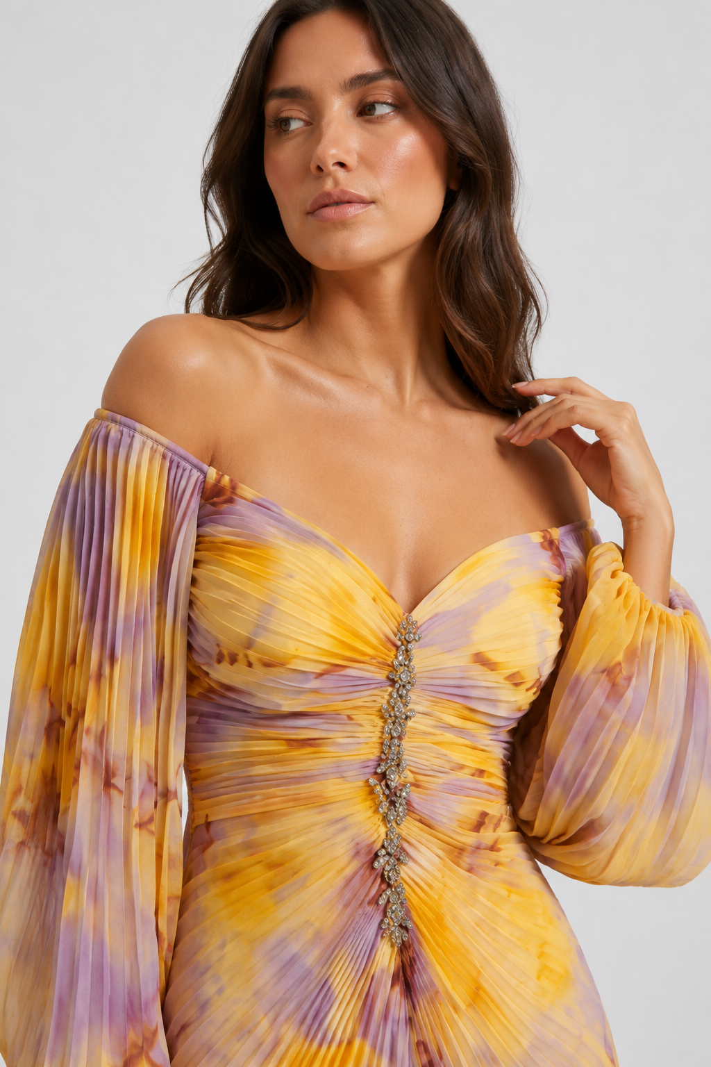 NOMU | Women's Off Shoulder Maxi Dress – Ruched Long Sleeve Split Hem Design
