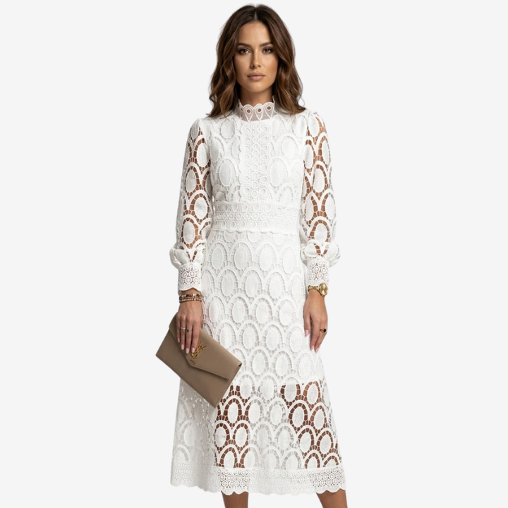 NOMU | Women's Floral Lace Midi Dress – Elegant High Neck Puff Sleeve Party Dress