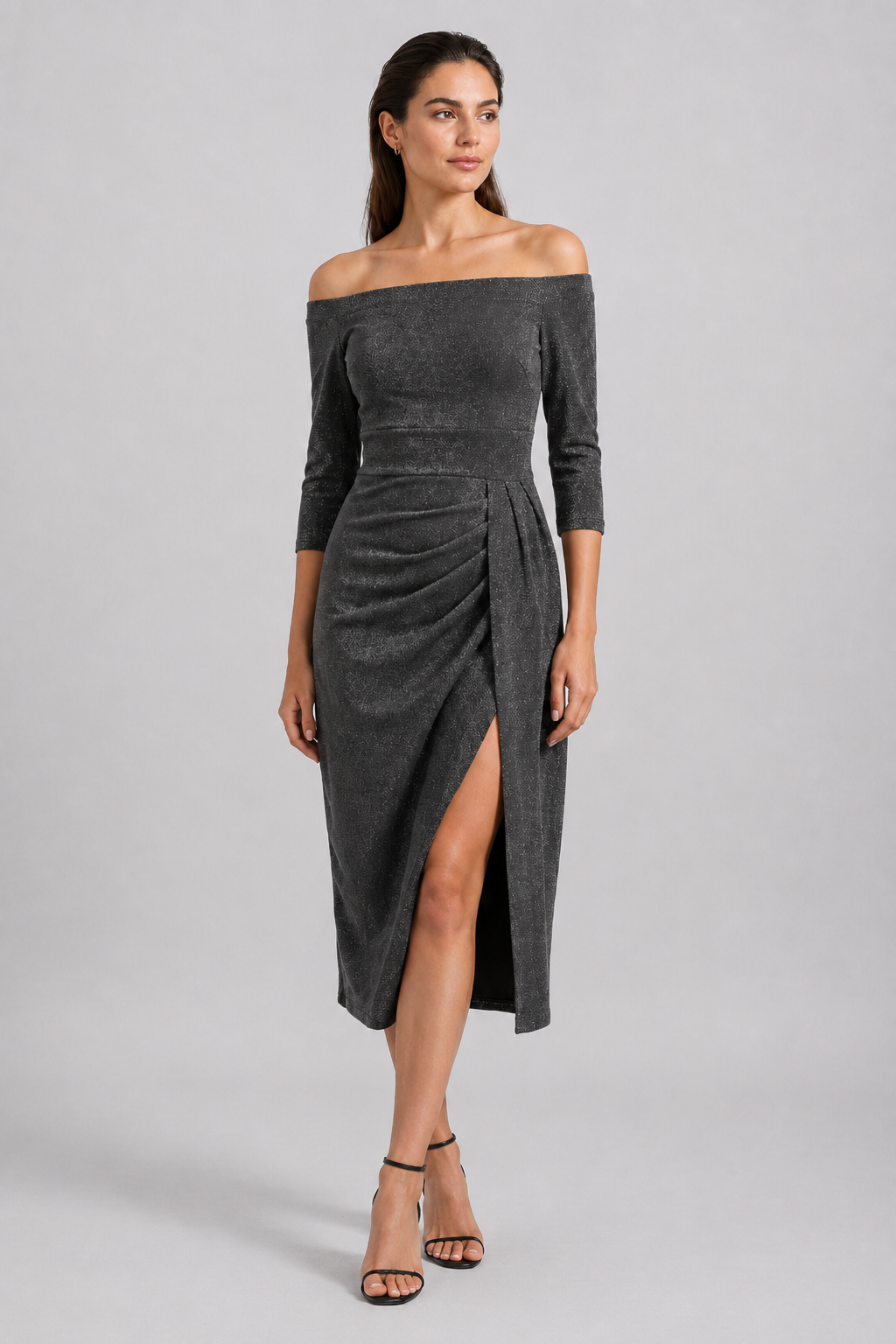 NOMU | Women's Off Shoulder Midi Dress – Long Sleeve Side Slit Fitted Design