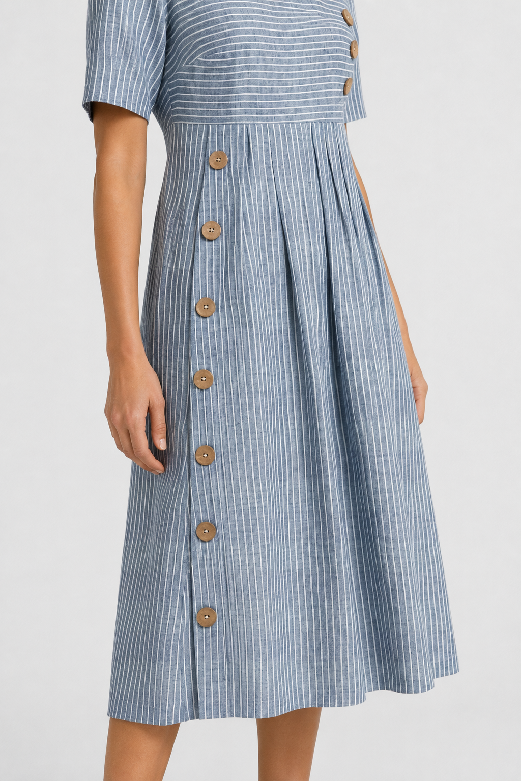 NOMU | Women's Striped Button Detail Midi Dress – Casual Short Sleeve Linen Look Dress