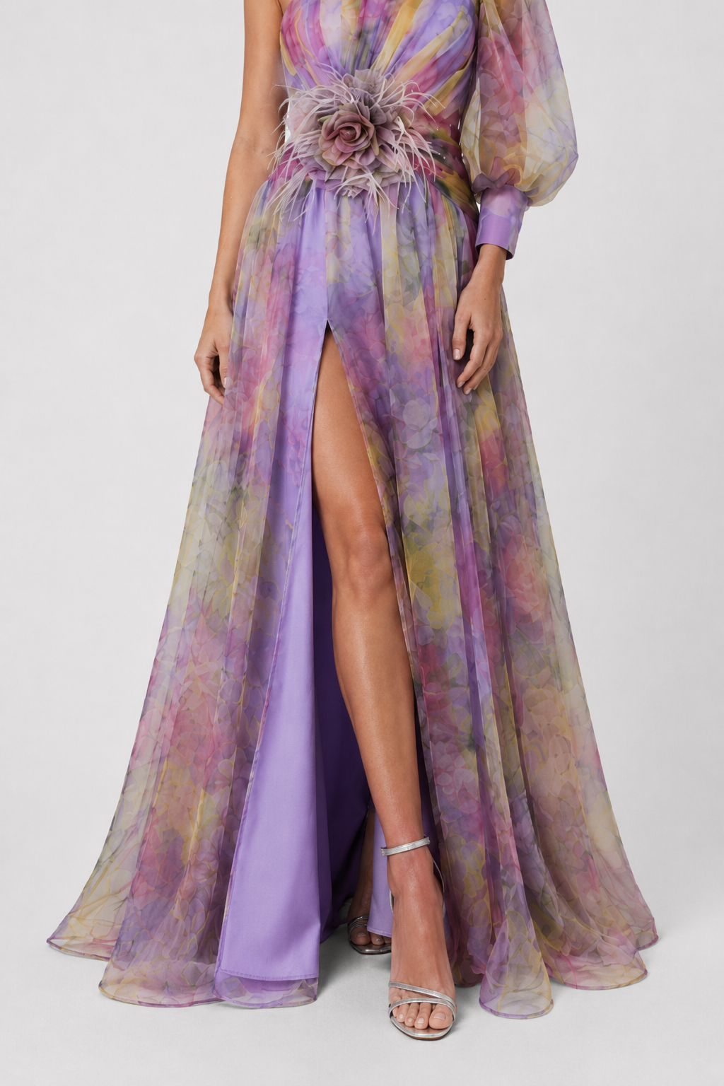 NOMU | Women's Floral One-Shoulder Evening Gown – Elegant High Slit Maxi Dress