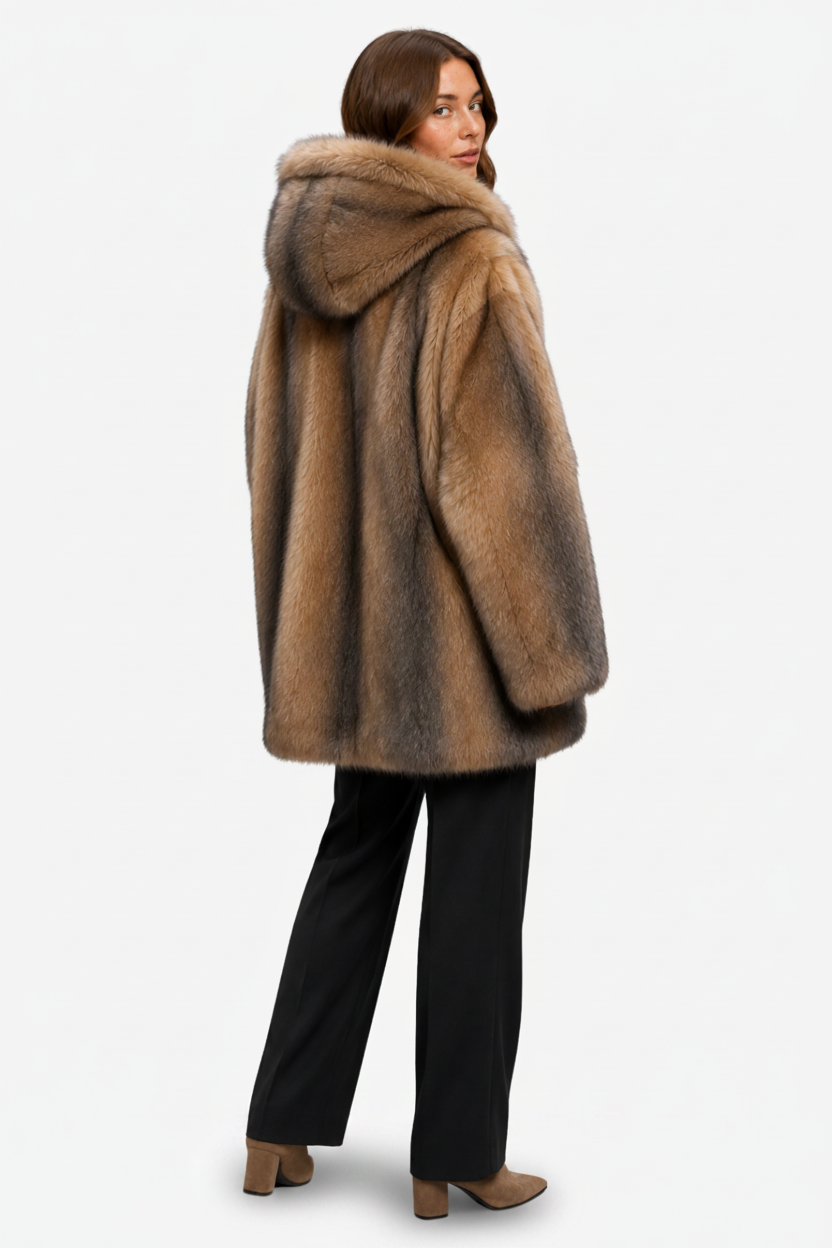 NOMU | Women's Long Hooded Coat – Faux Fur Finish with Single-Button Closure