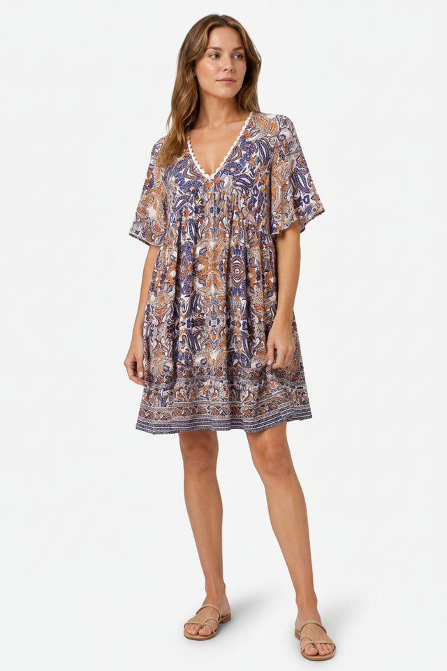 NOMU | Women's Printed Mini Dress – V Neck Short Sleeve Loose Fit Design