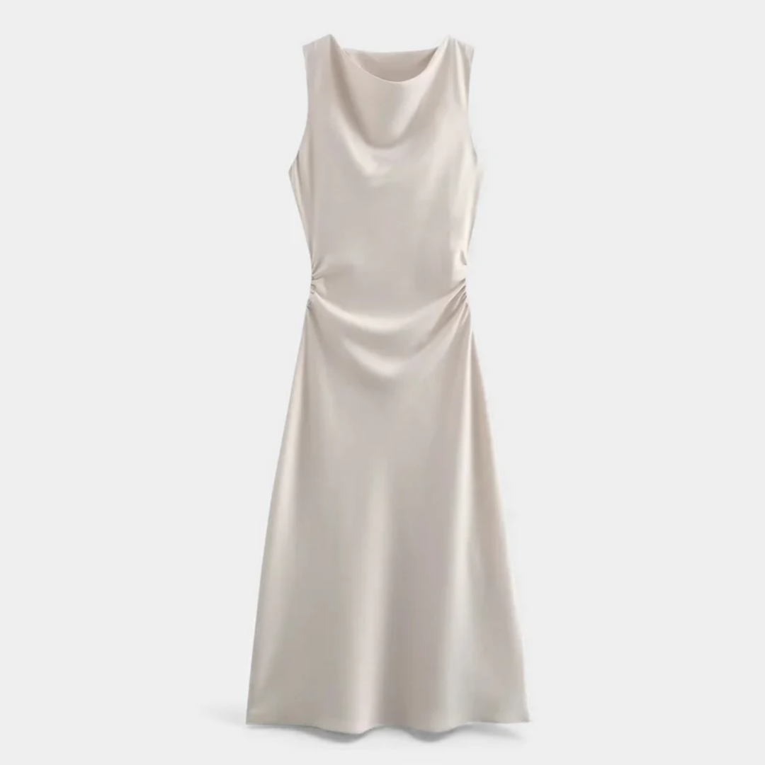 NOMU | Women's Satin Sleeveless Midi Dress – Elegant Draped Evening Slip Dress