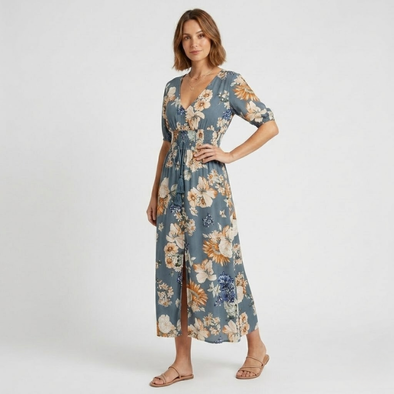 NOMU | Women's Floral Maxi Dress – V Neck Short Sleeve Relaxed Fit Design