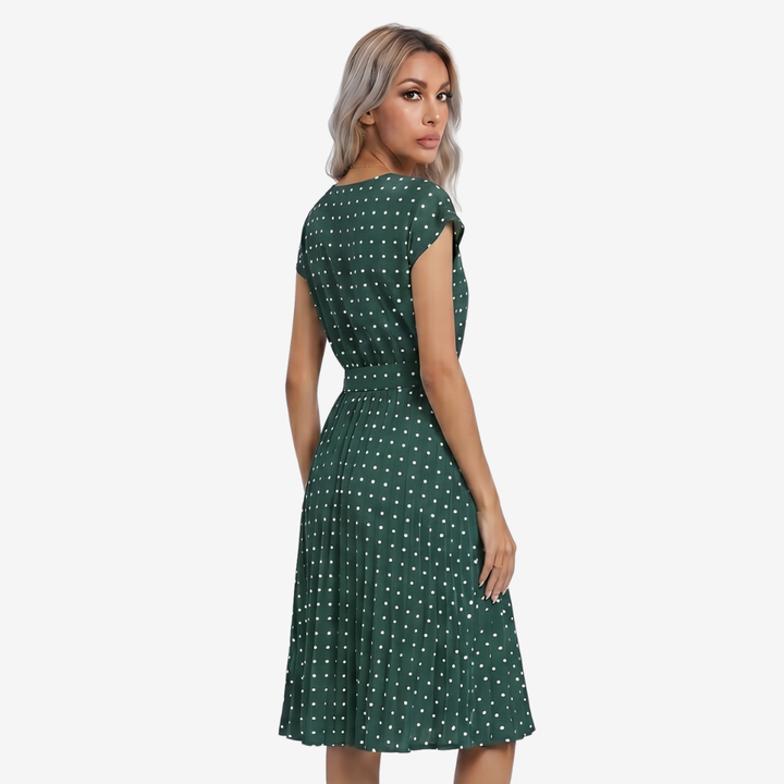 NOMU | Women's Polka Dot Midi Dress – Short Sleeve Tie Waist Pleated Design