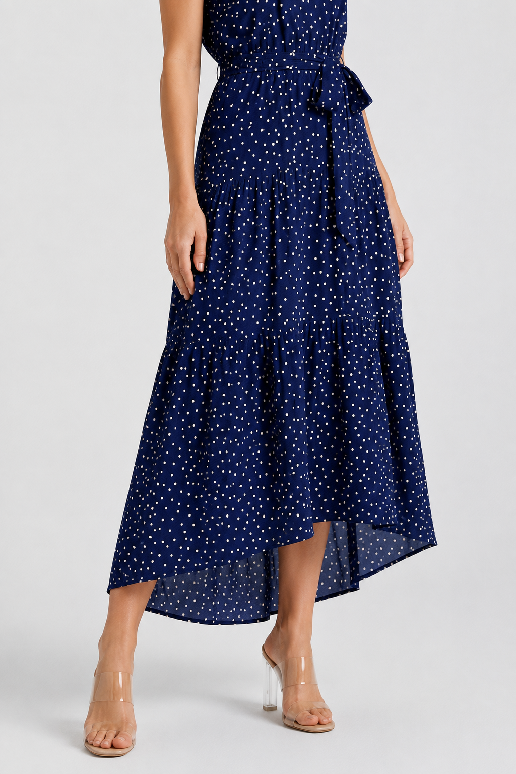 NOMU | Women's Polka Dot Halter Maxi Dress – Elegant Sleeveless Tie Waist Dress