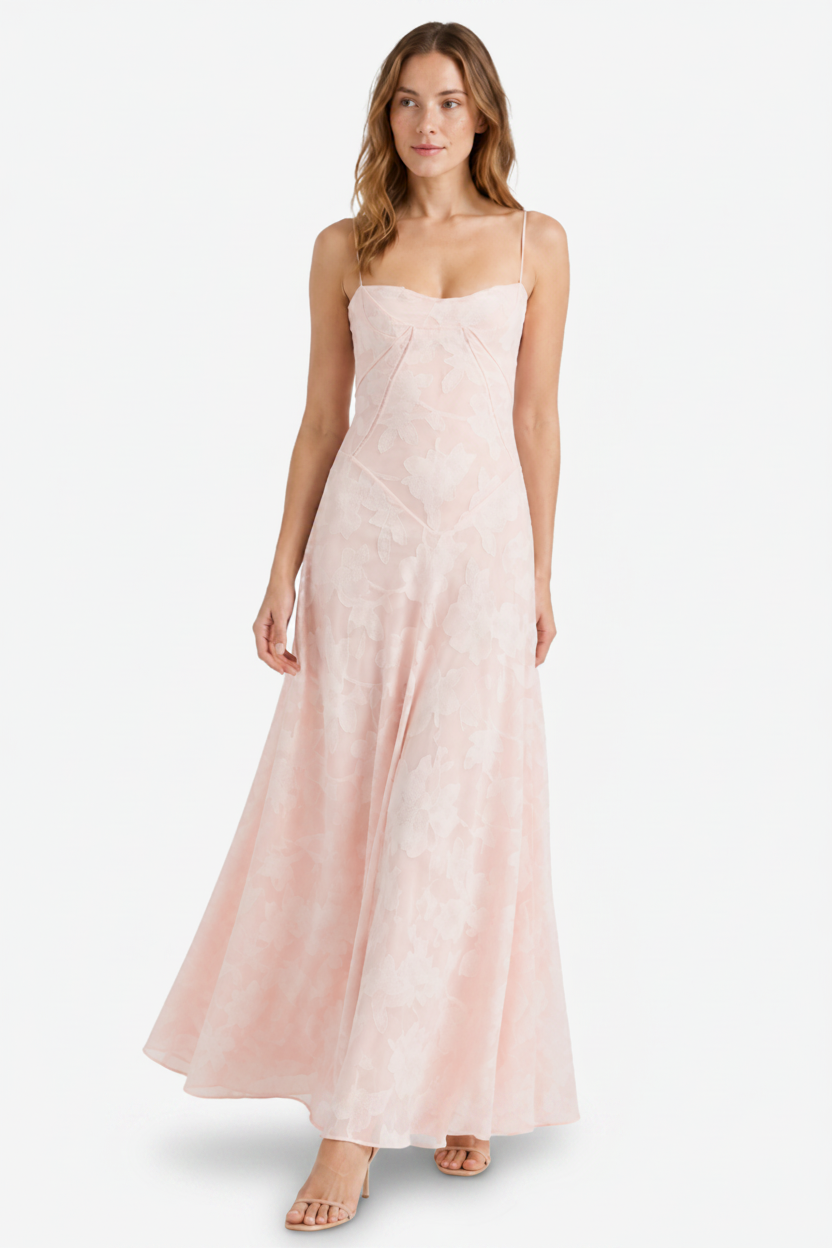 NOMU | Women's Mesh Maxi Dress – Spaghetti Strap Floral Overlay Fitted Design