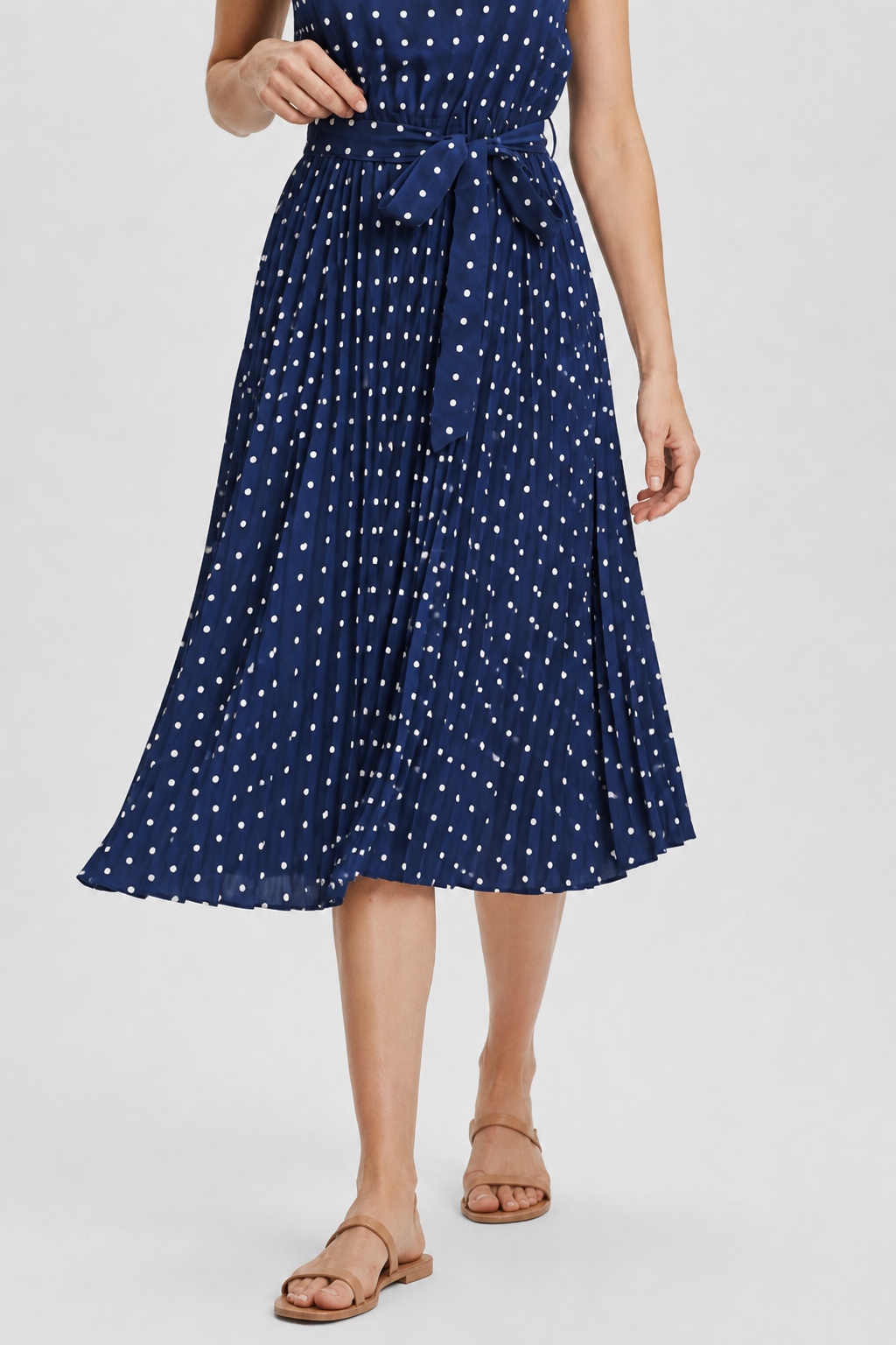 NOMU | Women's Polka Dot Midi Dress – Short Sleeve Tie Waist Pleated Design