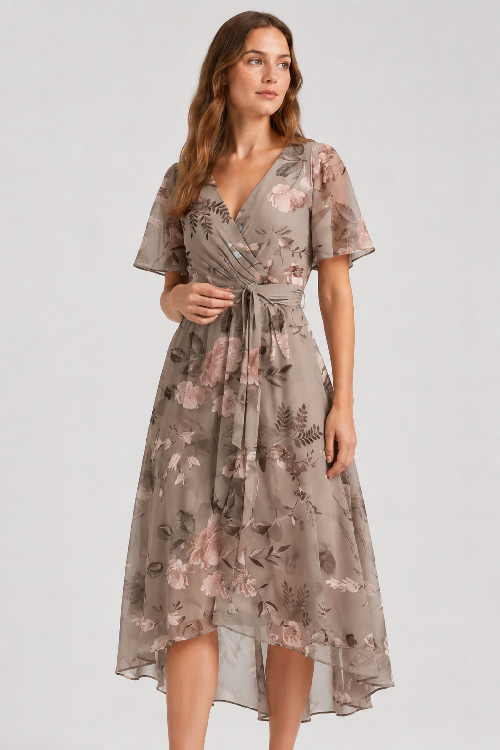 NOMU | Women's Floral Midi Dress – V Neck Flutter Sleeve Tie Waist Wrap Design