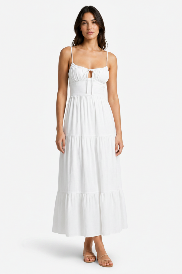 NOMU | Women's Tiered Midi Dress – Spaghetti Strap Tie Front Relaxed Fit Design