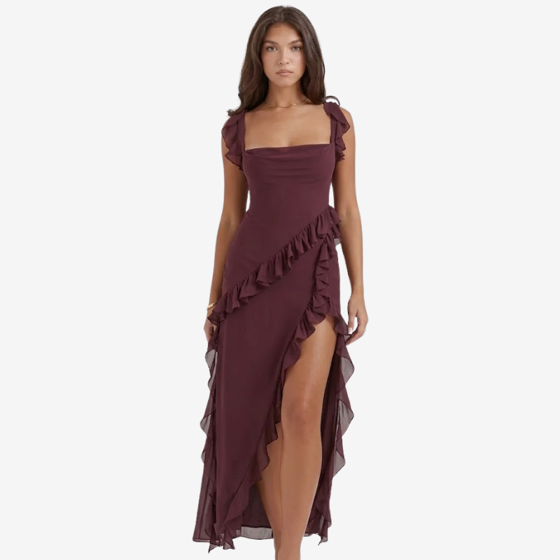 NOMU | Women's Ruffle Trim High Slit Maxi Dress – Elegant Sleeveless Evening Dress