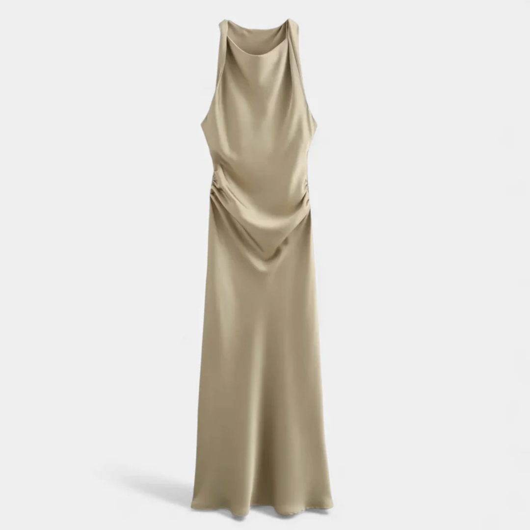 NOMU | Women's Satin Sleeveless Midi Dress – Elegant Draped Evening Slip Dress