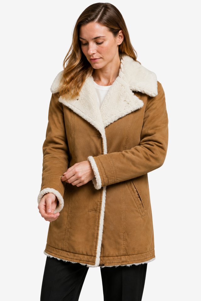 NOMU | Women's Long Sleeved Winter Coat – Fleece Lining with Wide Collar and Button Front Design