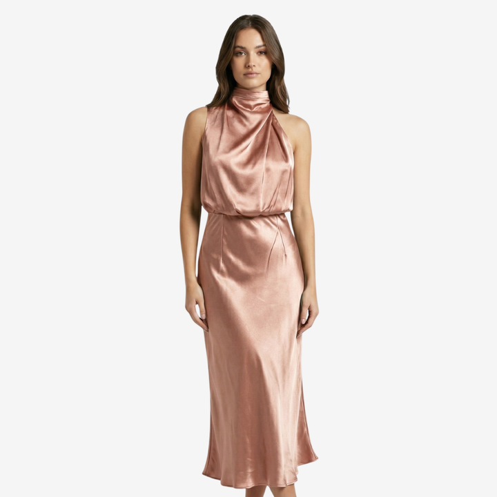 NOMU | Women's Satin High Neck Midi Dress – Elegant Sleeveless Evening Slip Dress