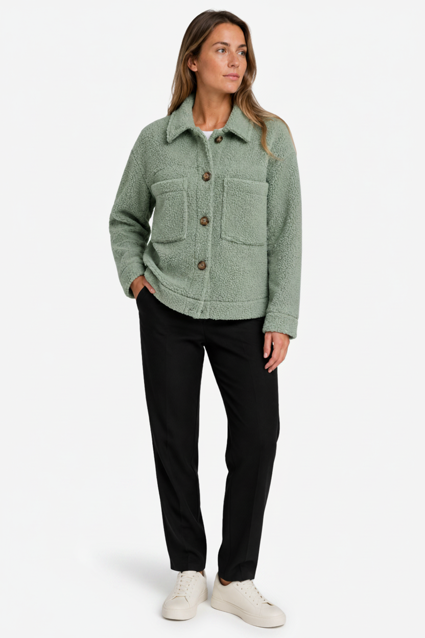 NOMU | Women's Straight Cut Mid Season Coat – Textured Fleece with Button Front and Patch Pockets