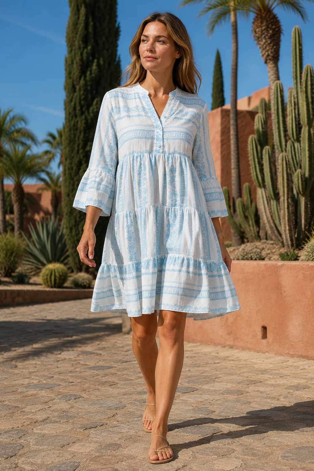 NOMU | Women's Printed Mini Dress – V Neck Button Front Tiered Loose Fit Design
